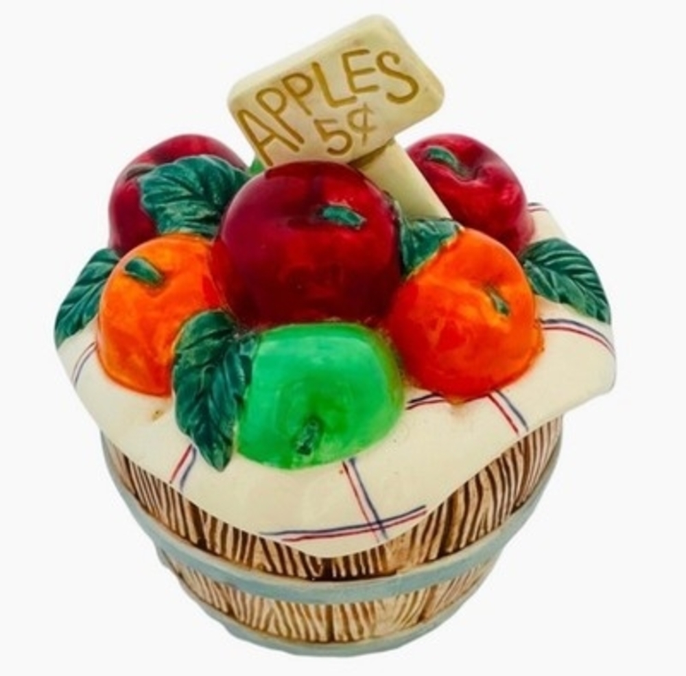 Vintage 1995 FITZ and FLOYD Ceramic Apple Basket Sugar Bowl with Lid 5.5" VG